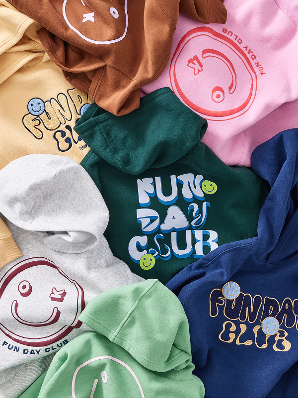 Fun Day Club hoodies and sweatshirts in brown, pink, green, white, navy and teal with smiley face graphics
