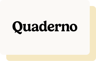 A white rectangular card with rounded corners featuring the word "Quaderno" in a bold, black serif typeface. The card has a light beige shadow offset to the bottom right.