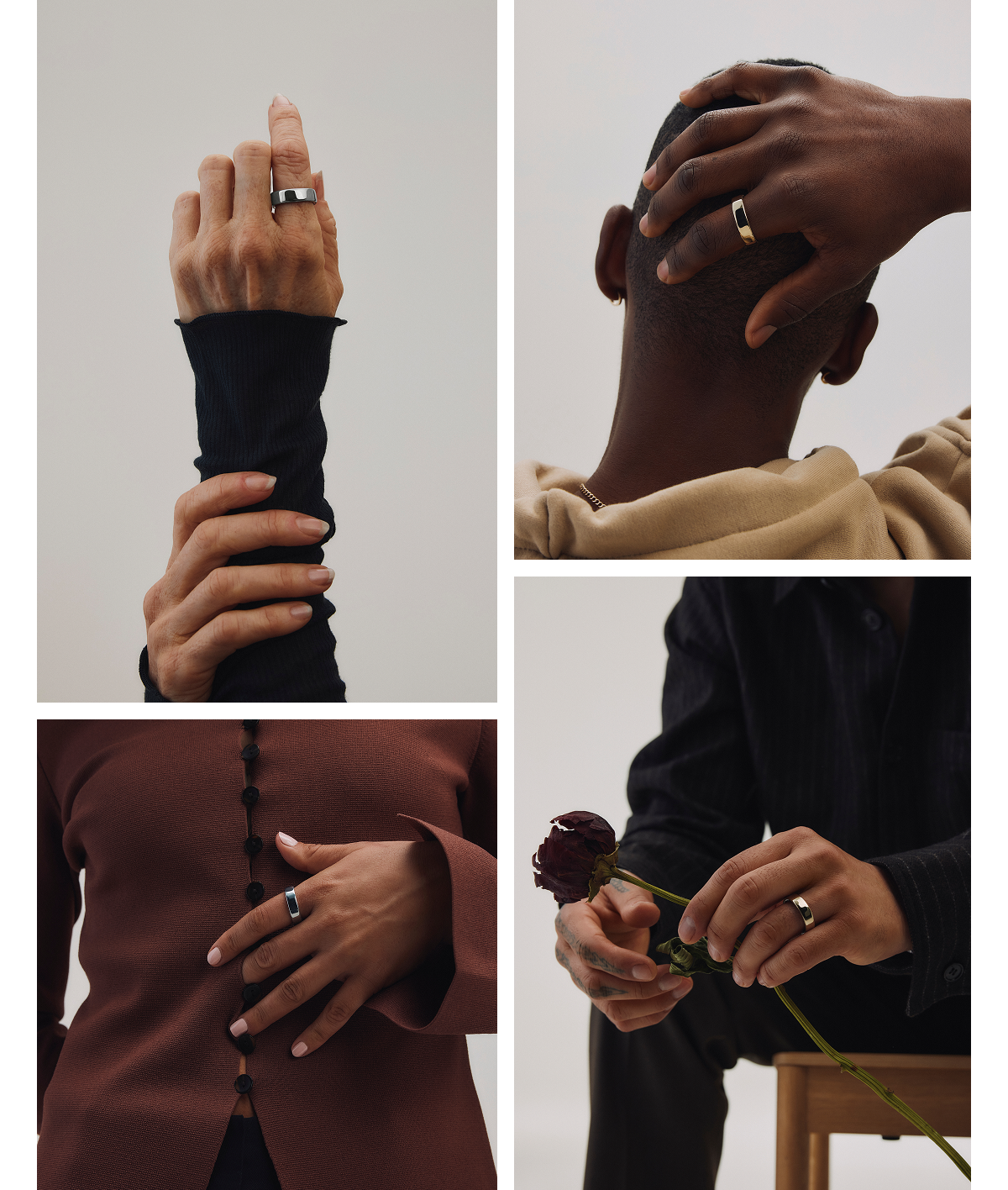Collage with different Oura Ring 5 finishes on different skin tones