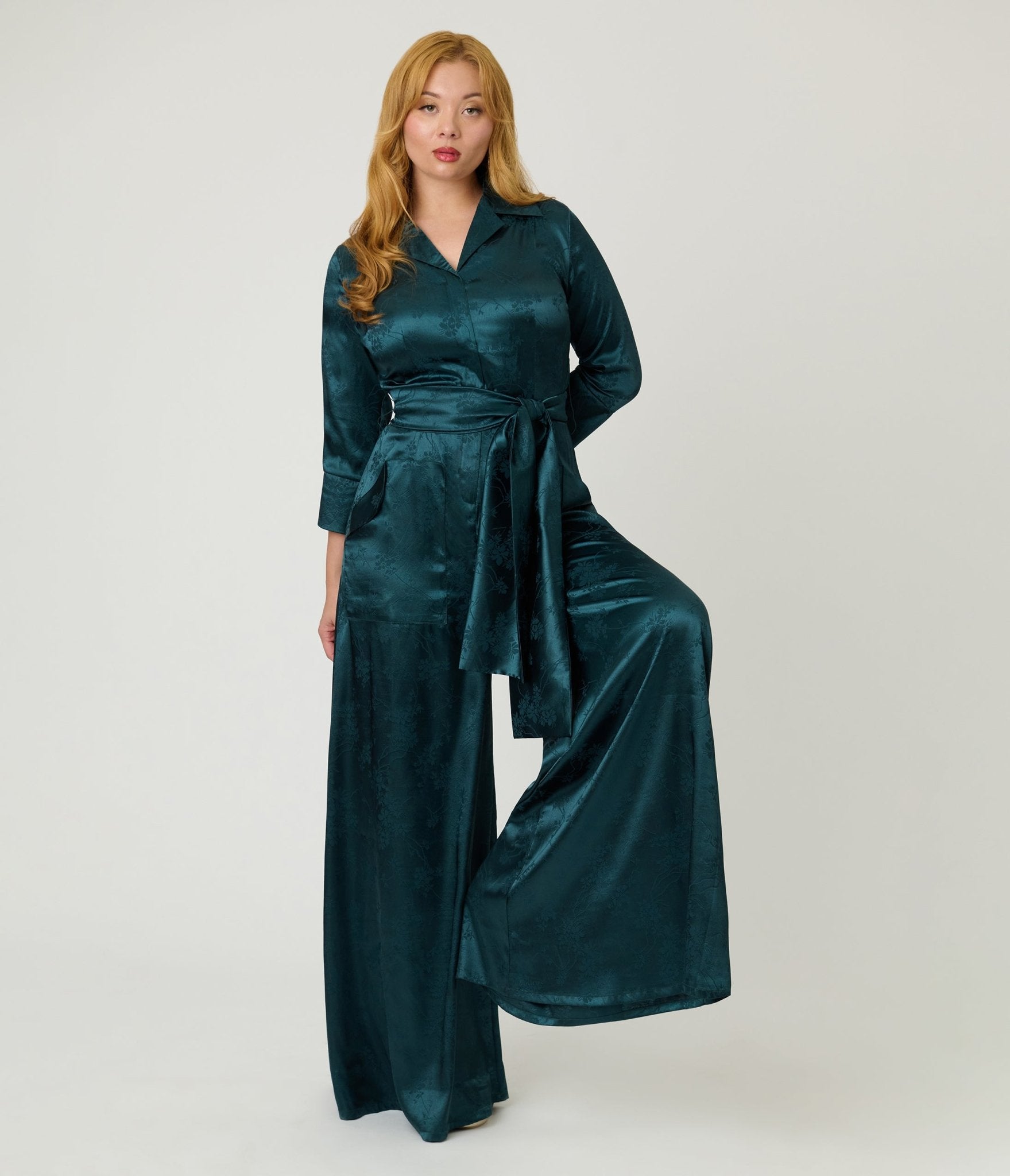 Image of Unique Vintage Teal Jacquard Satin Flare Jumpsuit