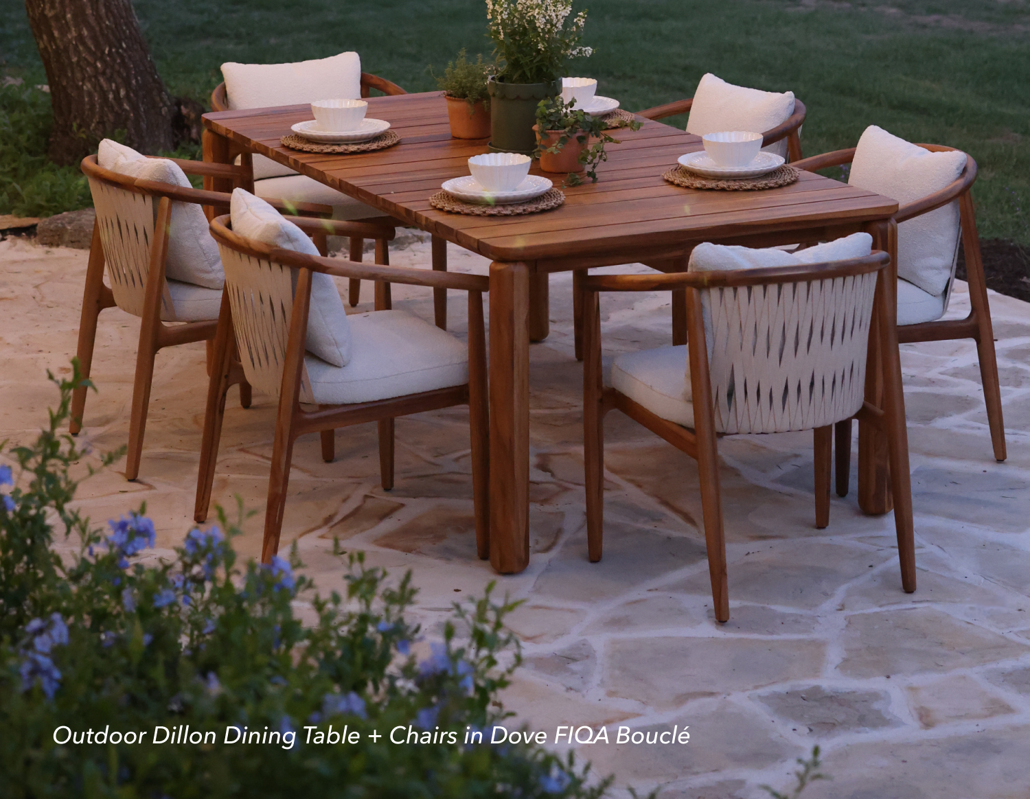 Outdoor Dillon Dining Table + Chairs in Dove FIQA Bouclé