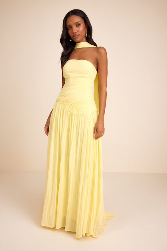 Image of Nellie Light Yellow Pleated Maxi Dress and Scarf Set