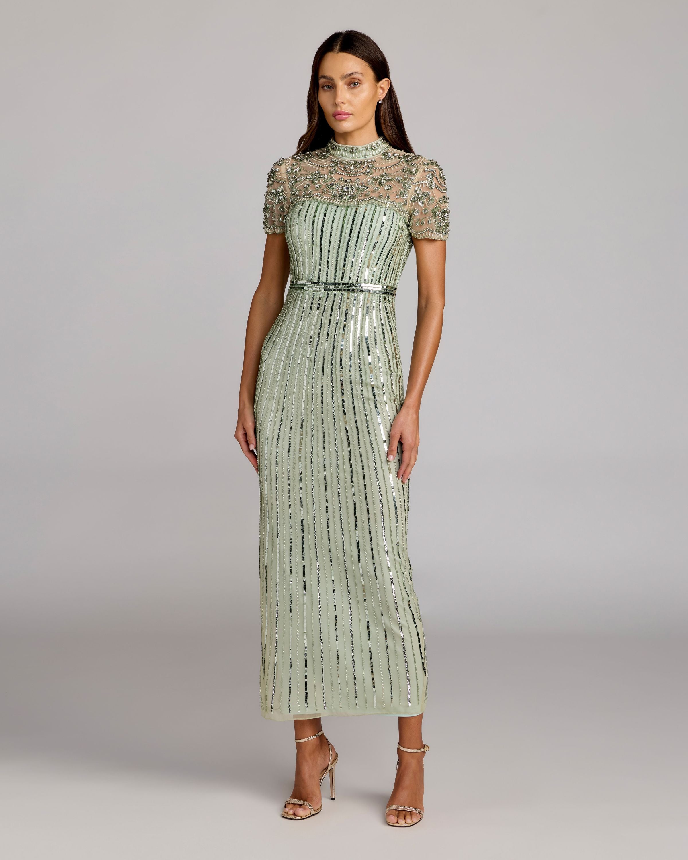 Image of Green Beaded Mock Neck Midi Dress