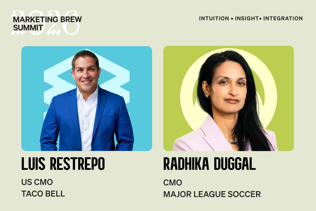 Taco Bell's Luis Restrepo and Major League Soccer's Radhika Duggal appear in a promotional image for Marketing Brew Summit taking place on September 30, 2026