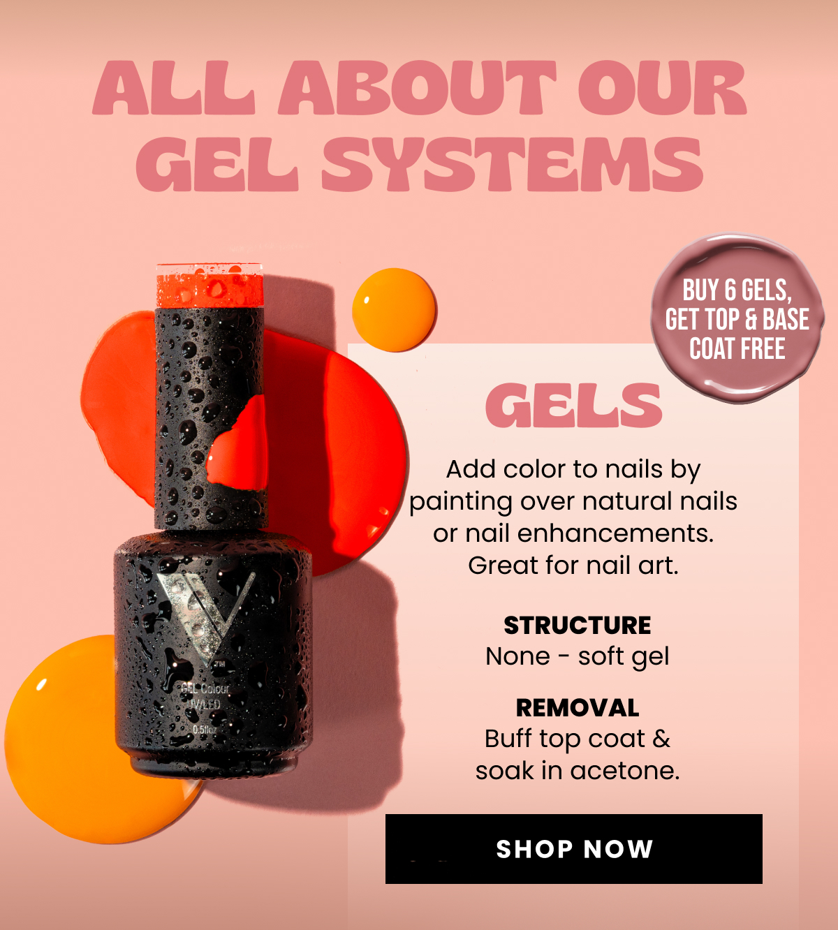 All about Our Gel Systems | Buy 6 Gels, Get Top & Base Coat Free | Gels - Add color to nails by painting over natural nails or nail enhancements. Great for nail art. | Structure: None-soft gel | Removal: Buff top coat & soak in acetone. | Shop Now