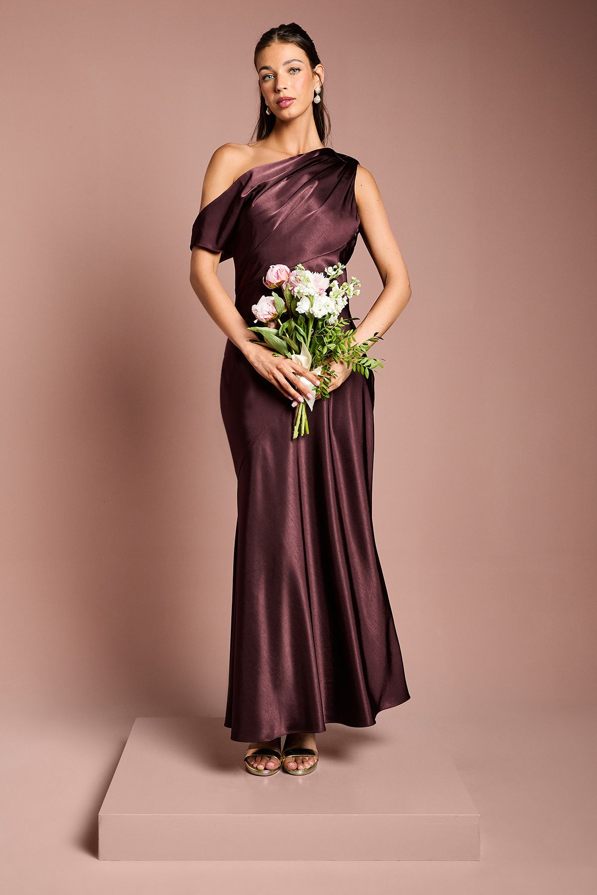 Satin Off One Shoulder Slinky Bridesmaids Fishtail Maxi Dress