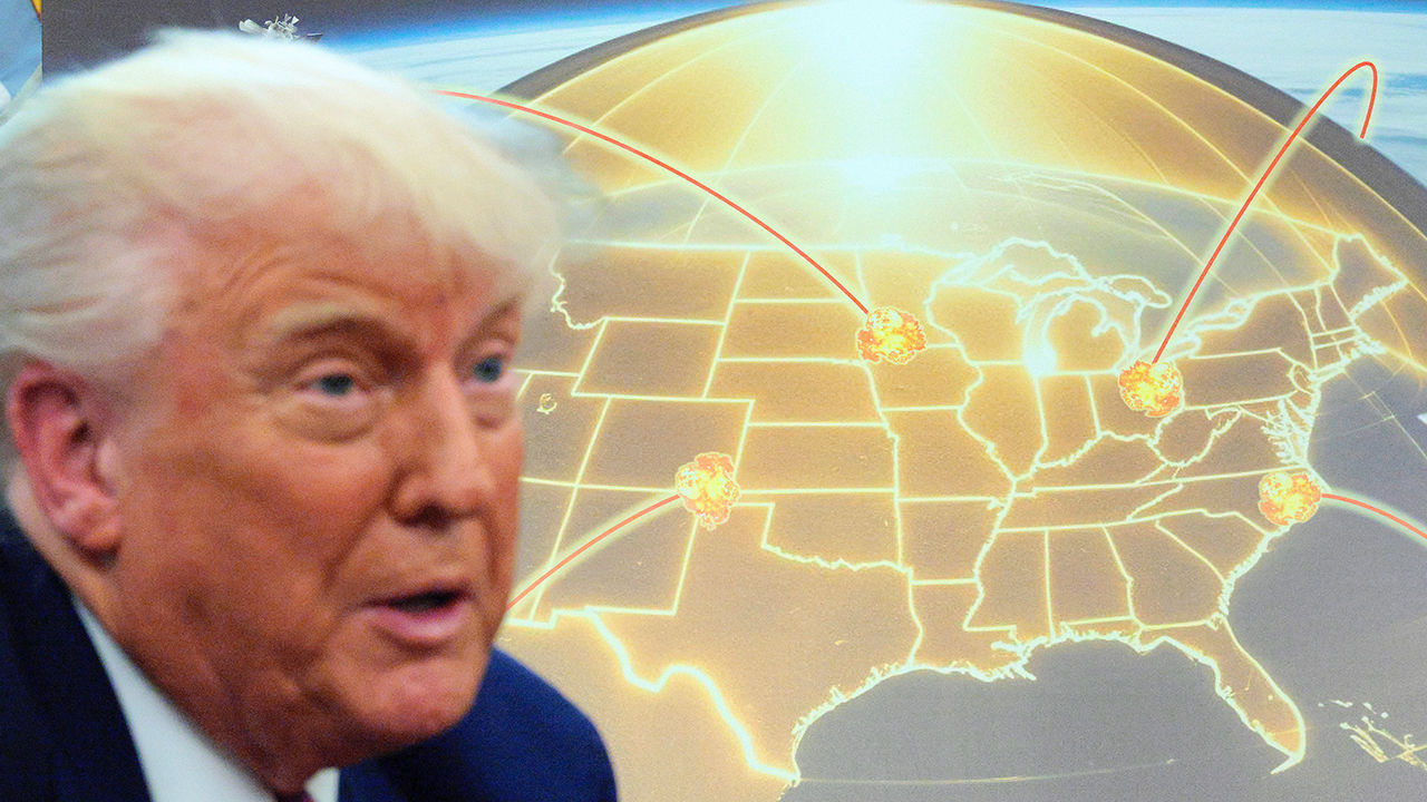 President Trump speaks in front of a map of the proposed Golden Dome missile defense system in the Oval Office at the White House in Washington, DC on May 20th 2025