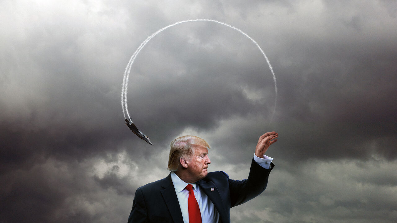 Donald Trump throwing a small fighter jet like a paper airplane that's looping around and about to hit the back of his head