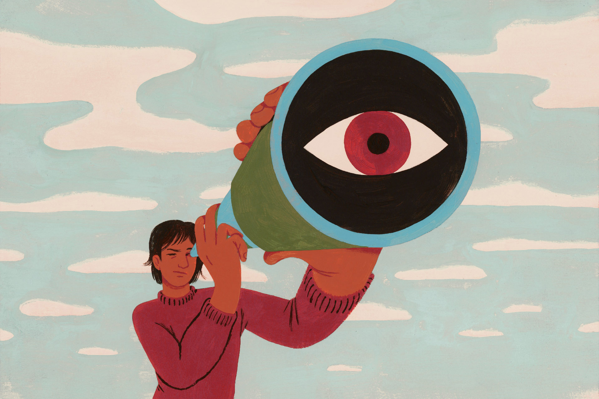 An illustration of a young woman wearing a red sweater looking through a telescope. An eyeball is seen in the lens. Behind her is an endless sky spotted with clouds.