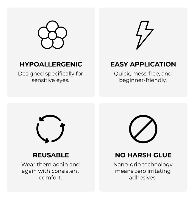 Four key benefits: Hypoallergenic - designed for sensitive eyes, Easy Application - quick and mess-free, Reusable - wear again with consistent comfort, No Harsh Glue - nano-grip technology with zero irritating adhesives