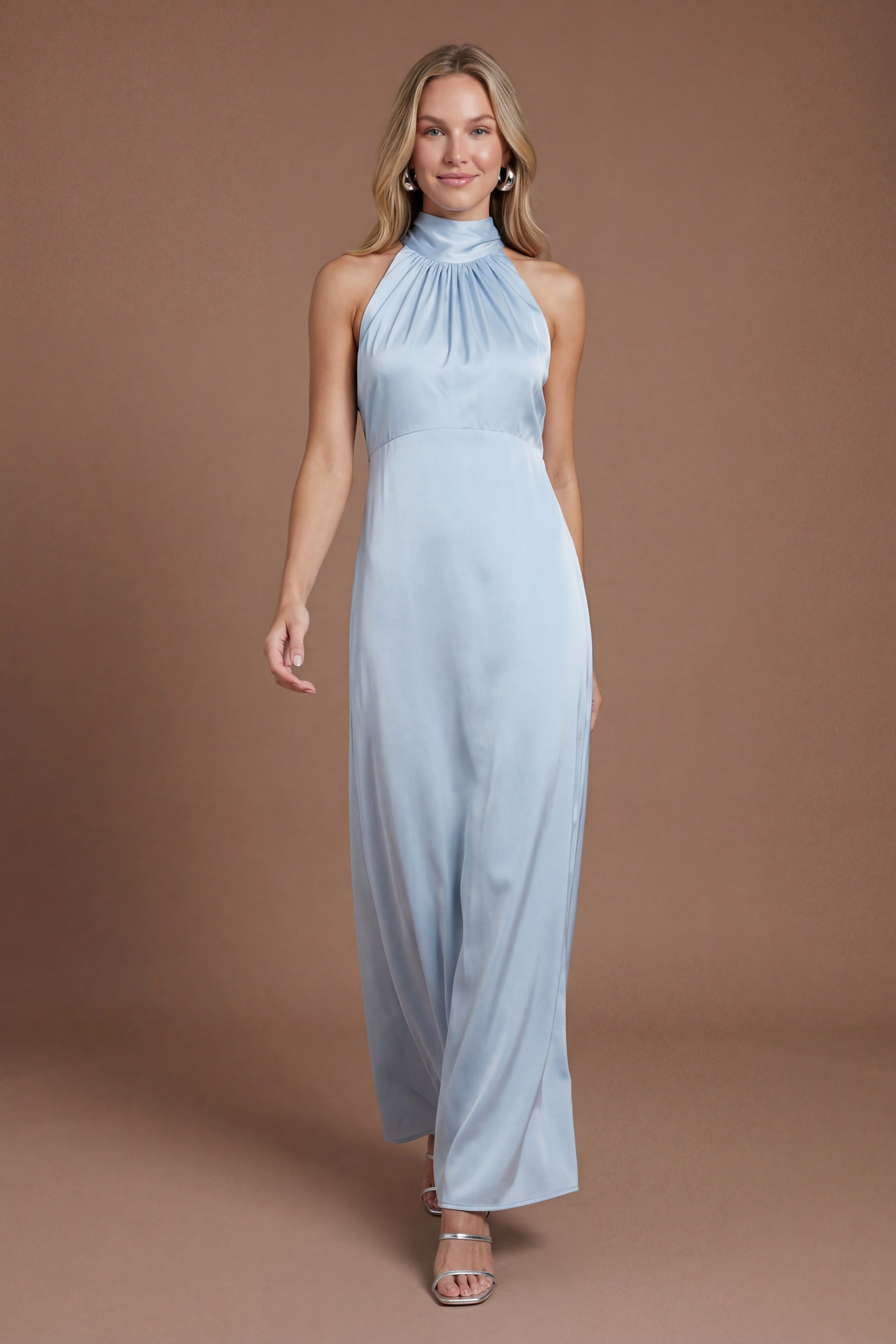 Light Blue Satin Halter Neck Maxi Bridesmaid Dress