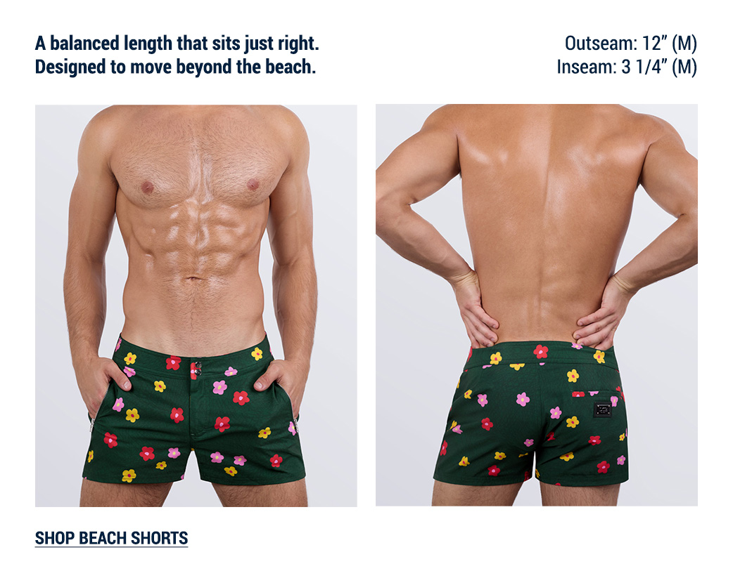 The Shorter Silhouette edit — DC2 Buy Myself Flowers Beach Shorts featuring a versatile length for beach-to-street wear.