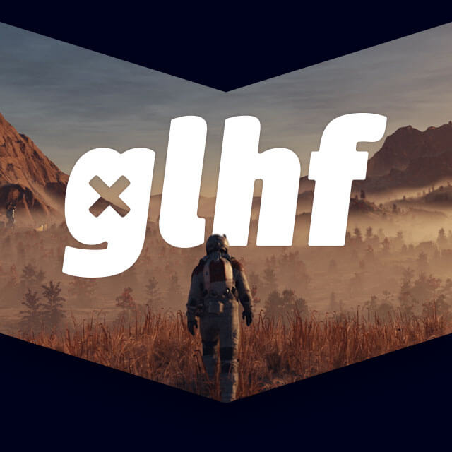 Image of a character walking through a field with the letters glhf in white.