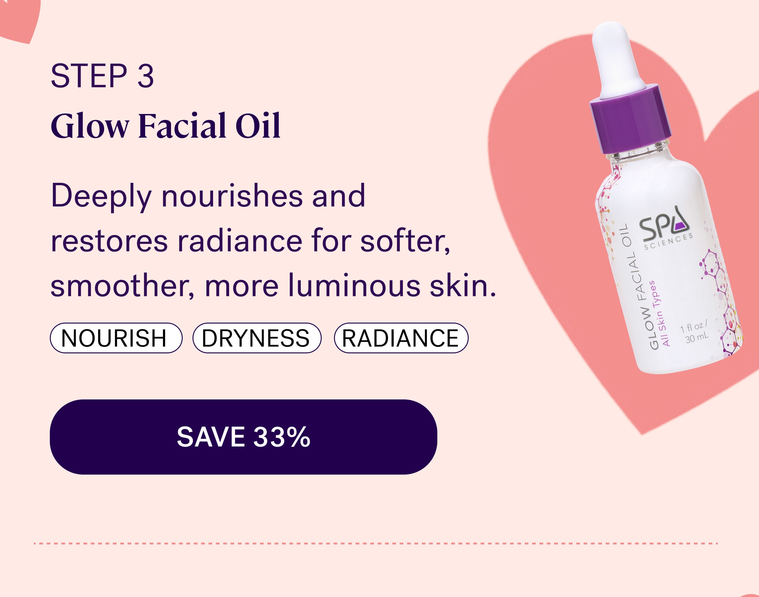 step 3 Glow Facial Oil Deeply nourishes and  restores radiance for softer, smoother, more luminous skin. nourish dryness SAVE 33%