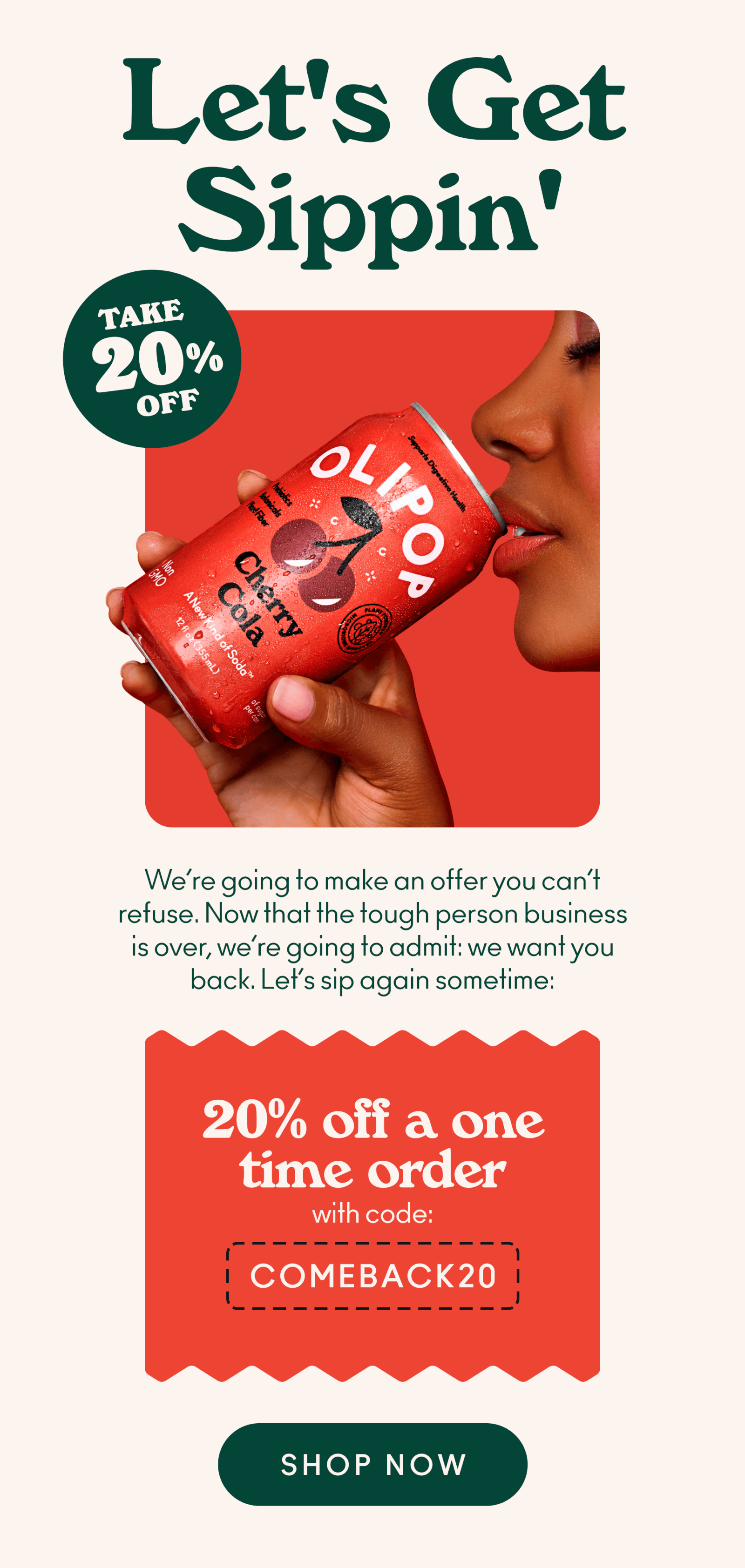 We're going to make you an offer you can't refuse....hopefully. Now that we've got that tough guy business over with, we're going to admit, it's been a while since you've sipped with us, and we'd like to do it again sometime. So, to make it worthwhile, we're giving you 20% off a one-time order with code COMEBACK20!