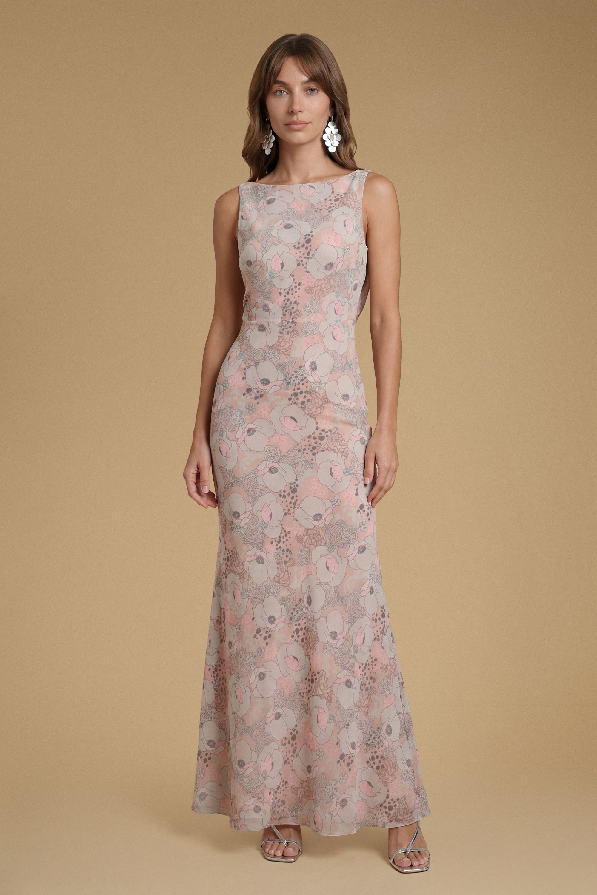 Lace Cowl Back Chiffon Printed Maxi Dress