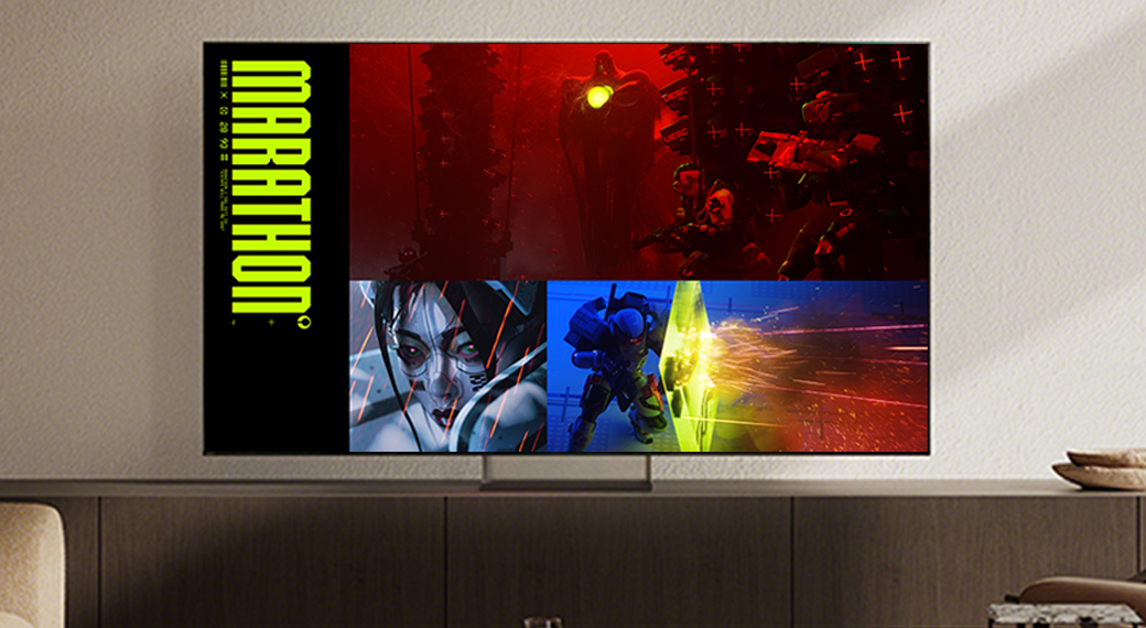 An image of a Sony Bravia TV on a stand inside a room with Marathon playing on the TV.