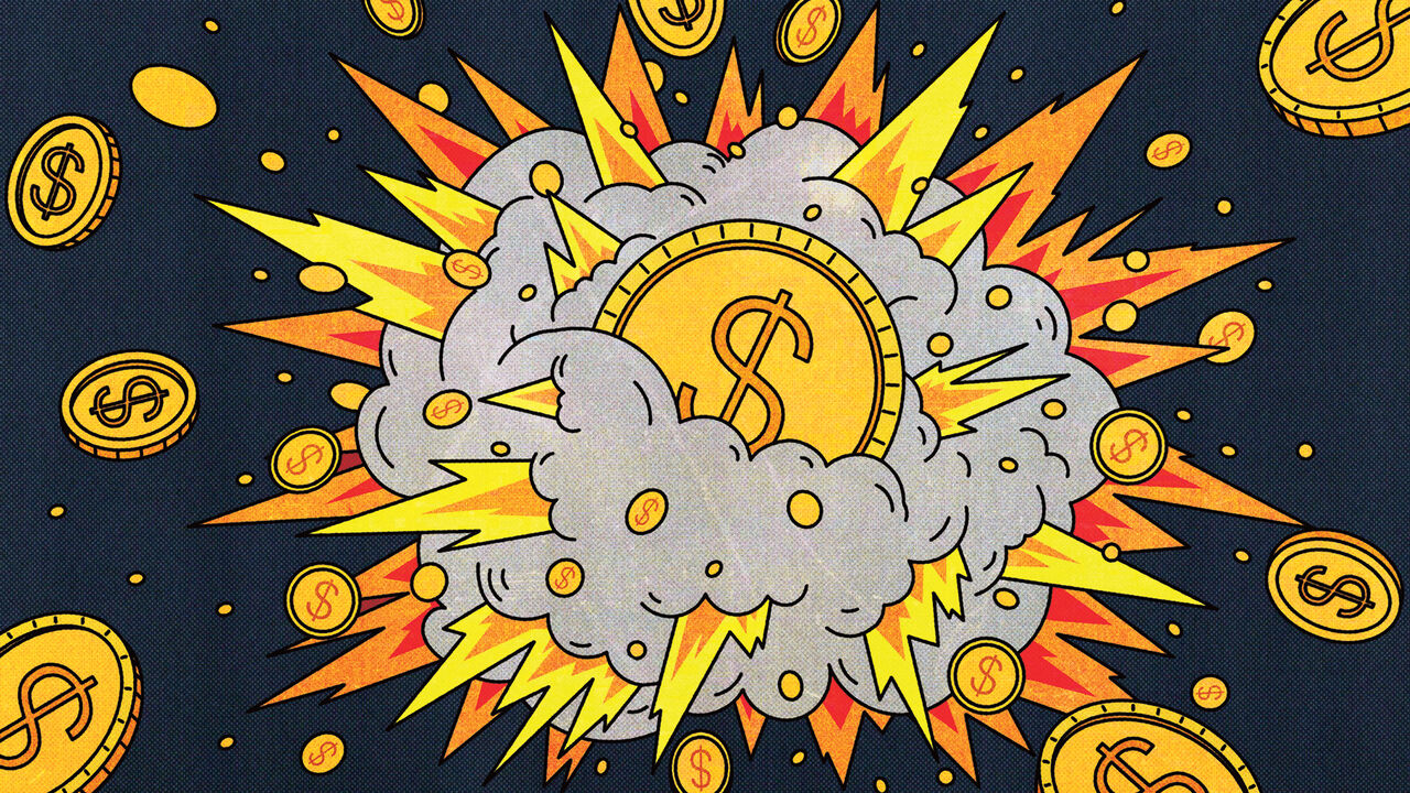A comic-style explosion of coins and dollar signs bursts from a cloud against a red background.