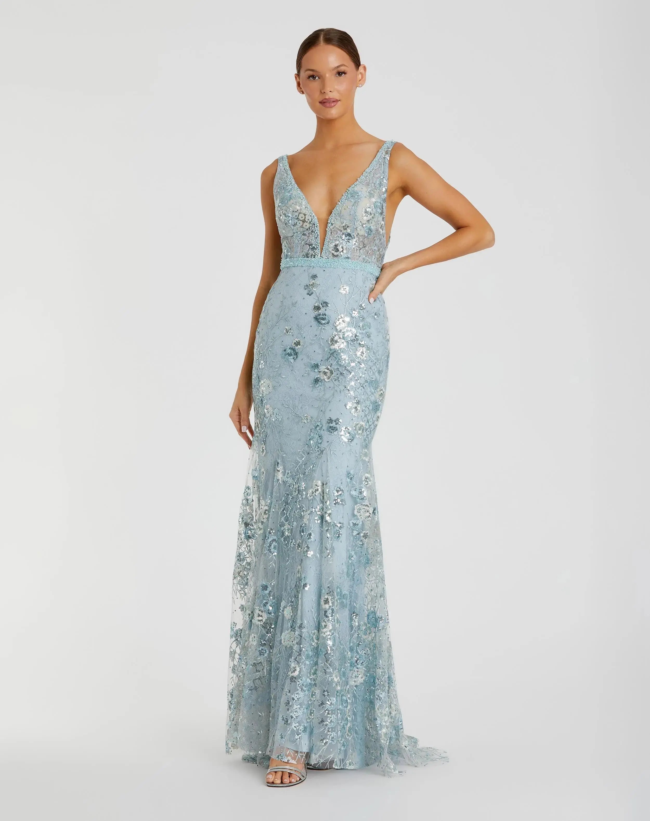 Image of Blue Embellished Sleeveless Plunge Neck Gown