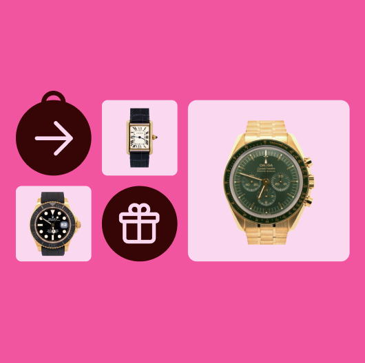 A Rolex Yacht-Master 42 watch, a Cartier Tank Louis Cartier watch, and a Omega Speedmaster Moonwatch Professional Co-Axial Master Chronometer Chronograph on baby pink tiles against a pink background. A brown ornament with a right arrow. A brown circle with a present icon.