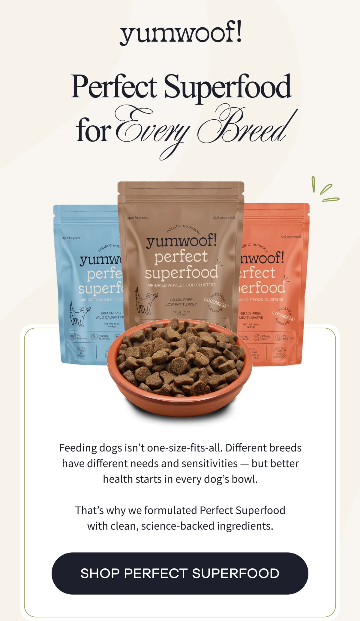 Yumwoof! | Perfect Superfood for Every Breed | Feeding dogs isn’t one-size-fits-all. Different breeds have different needs and sensitivities —&nbsp;but better health starts in every dog’s bowl.  That’s why we formulated Perfect Superfood with clean, science-backed ingredients. | SHOP PERFECT SUPERFOOD