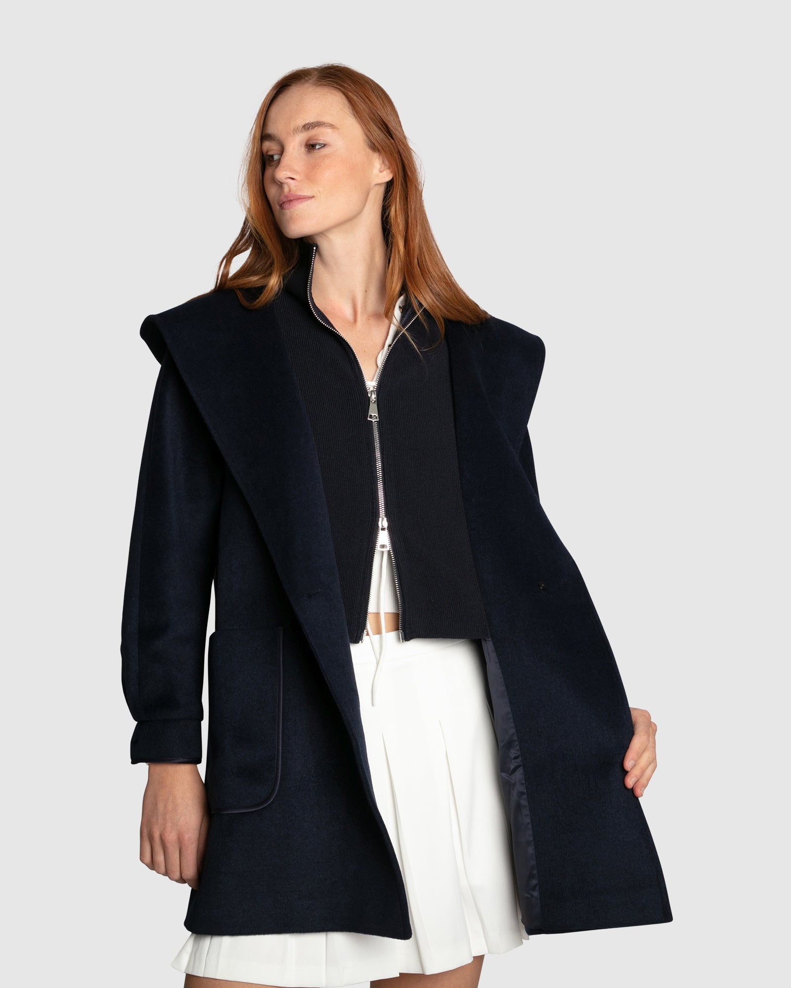 Image of Next To You Hooded Wool Blend Coat - Navy