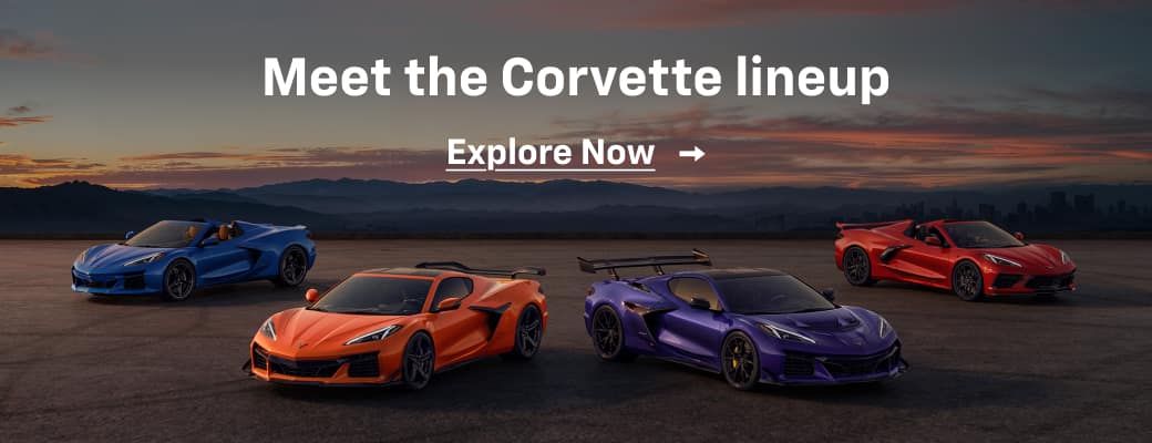 Meet the Corvette lineup. Explore now. Various Corvette’s parked in formation in front of a mountainous landscape at sunset.