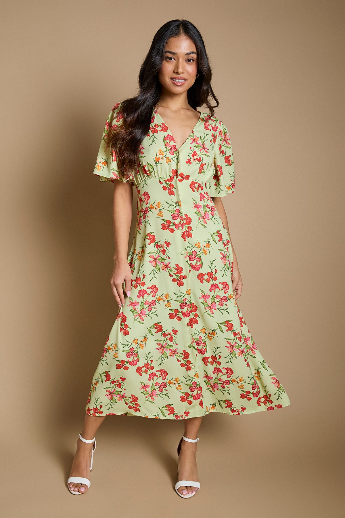 Petite Green Floral Button Front Angel Sleeve Tie Back Midi Dress