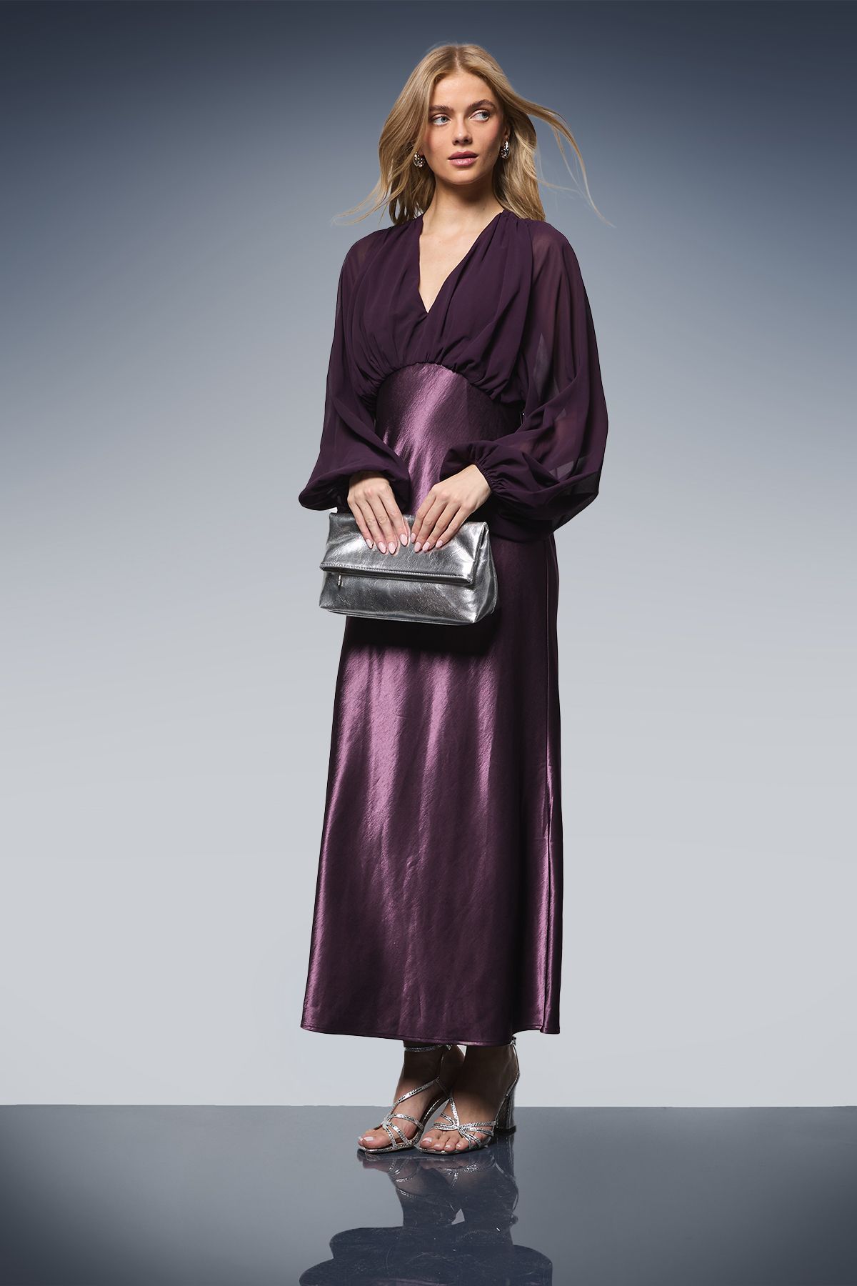 Plain Balloon Sleeve V Neck Satin Chiffon Mix Midaxi Dress