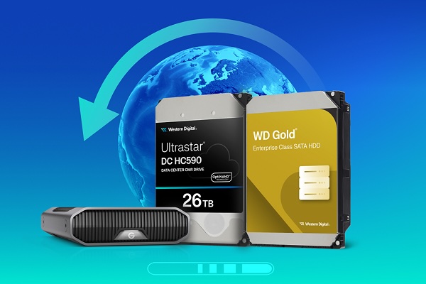 Western Digital storage devices, including Ultrastar DC HC590 and WD Gold HDDs, with a globe and a circular data transfer arrow in the background.