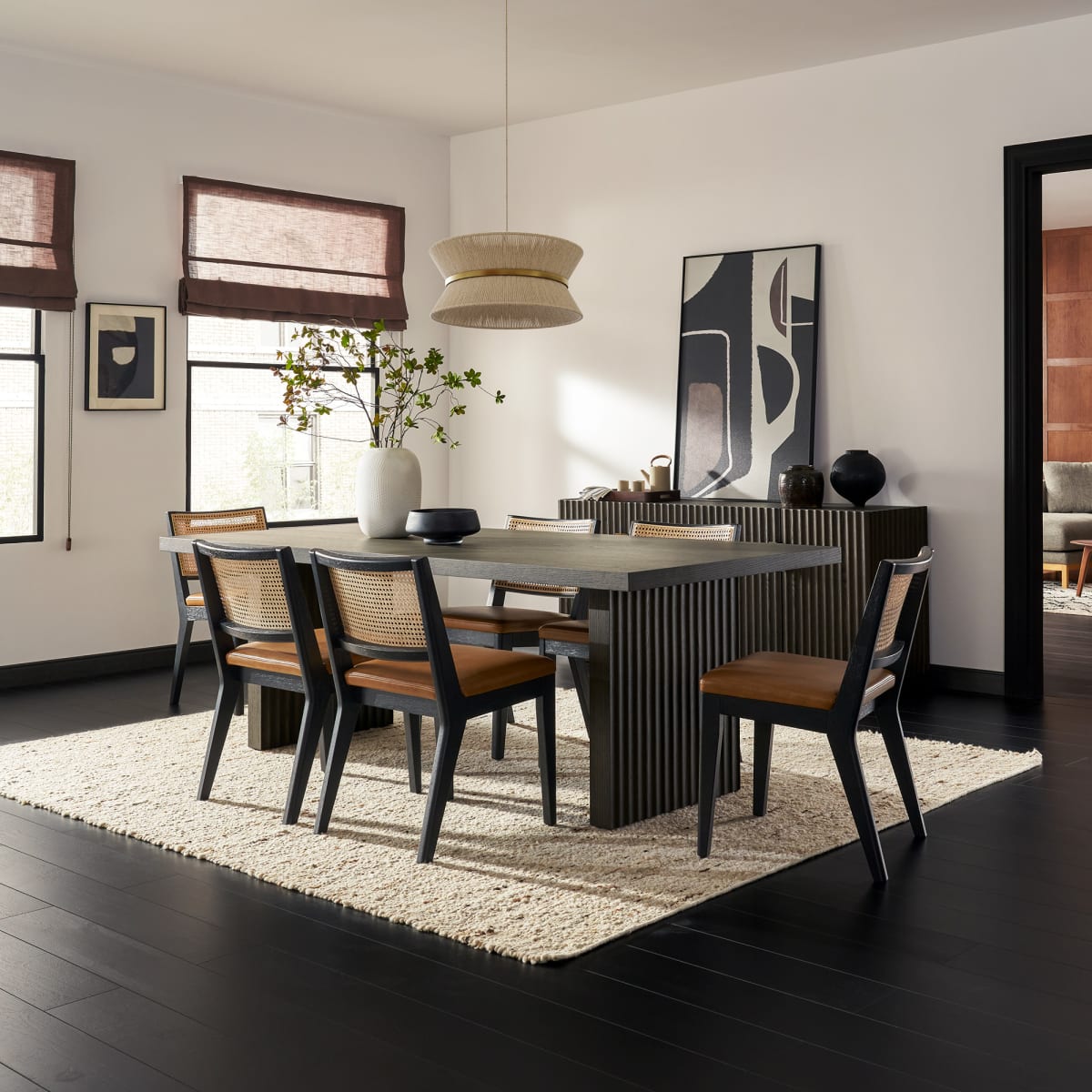 Image of Sloane Dining Table 88.6" No Bench and 6 Leather Chairs