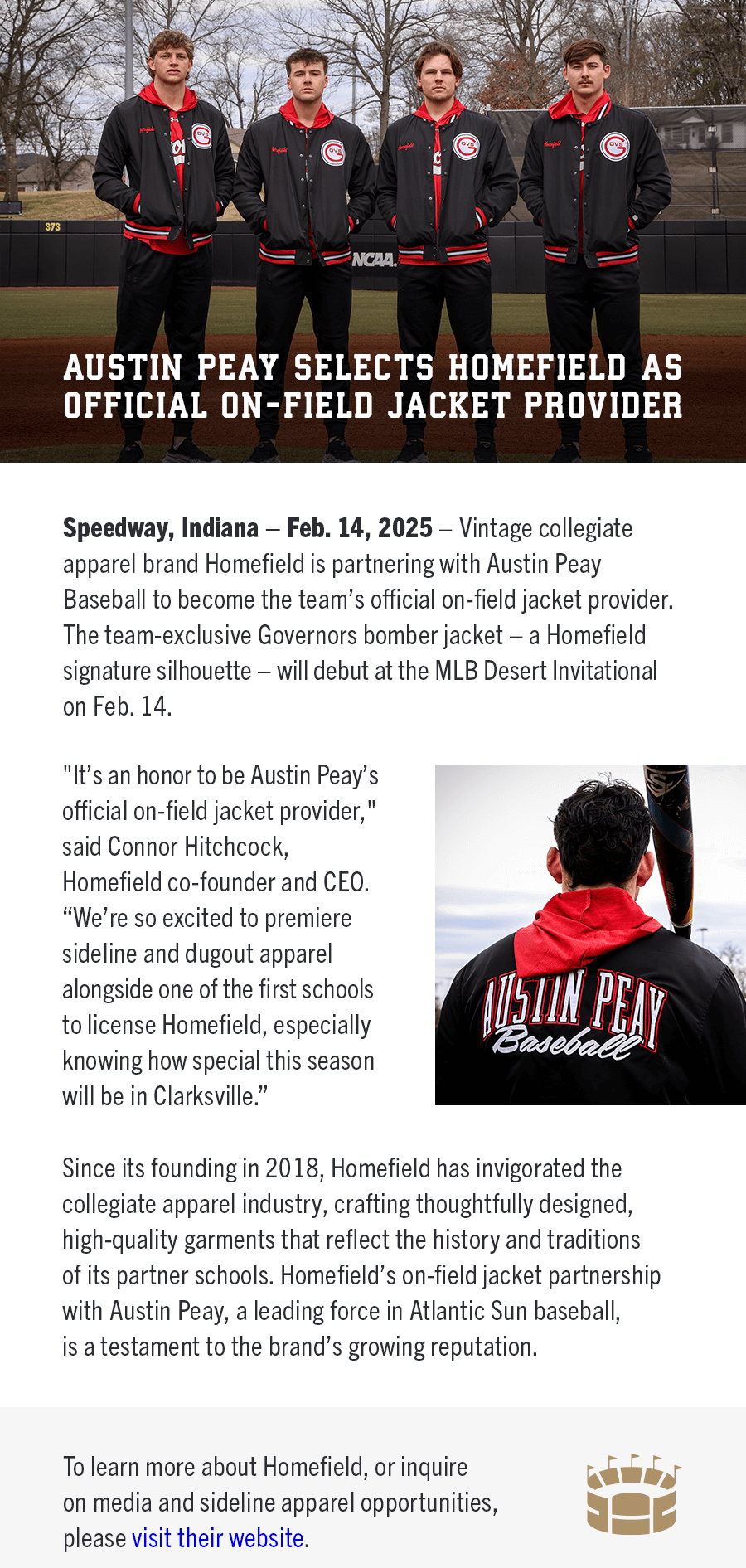 Austin Peay Selects Homefield as On-Field Jacket Provider