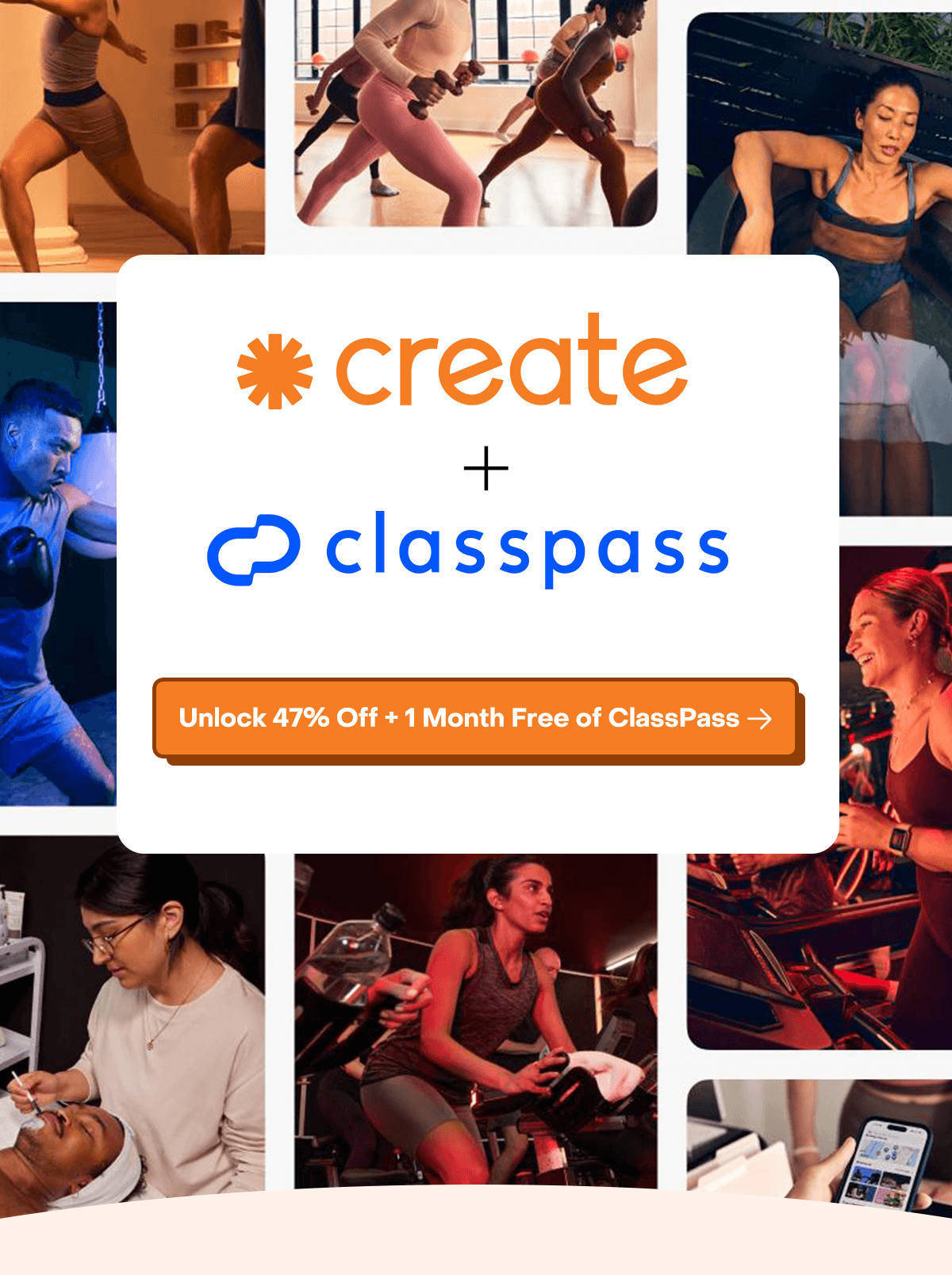 Create + ClassPass - Unlock 47% off + 1 month free of ClassPass