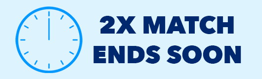 Fast moving clock in blue outline with text 2X Match Ends Soon