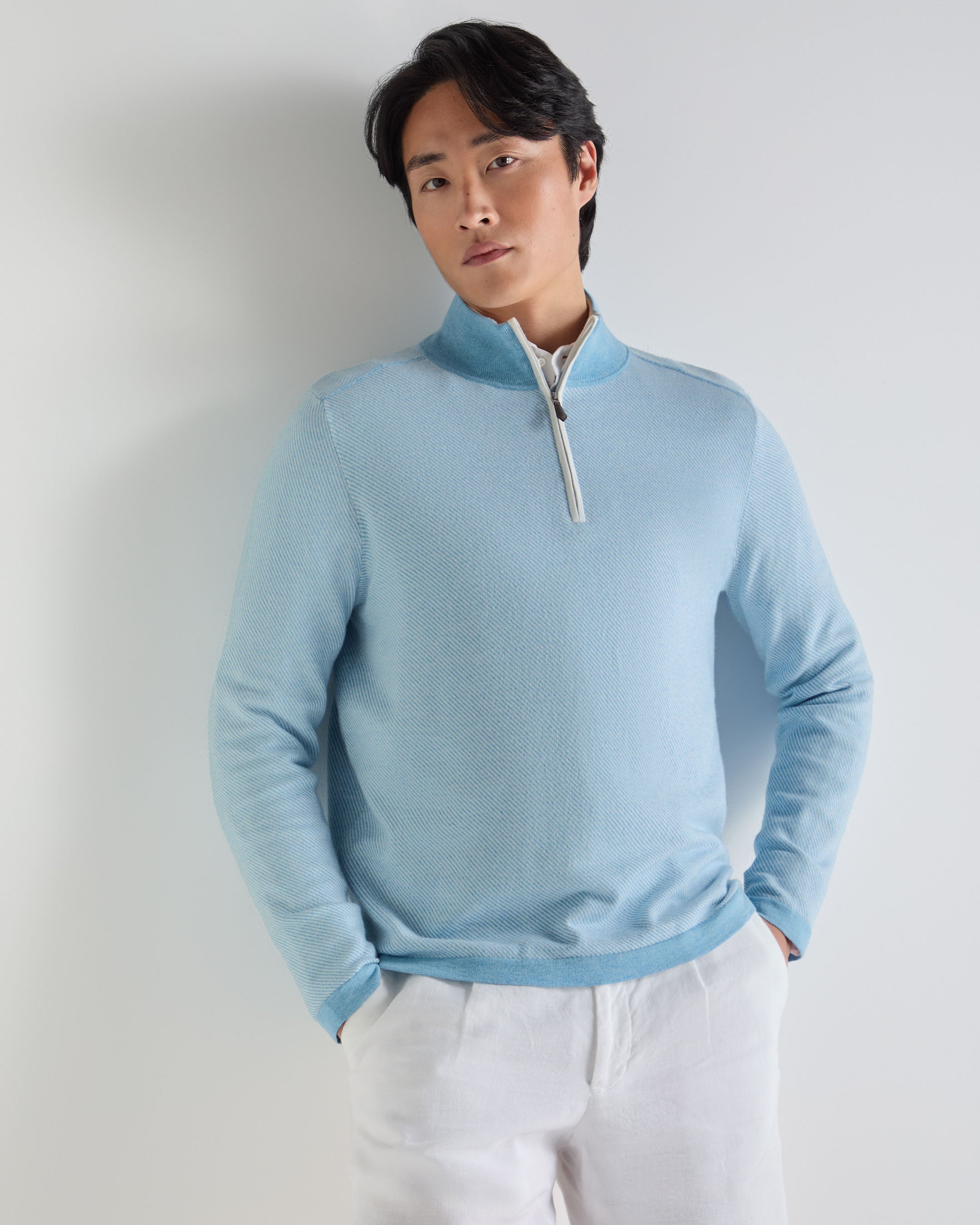 Image of Men's Salcombe Jacquard Half Zip Cotton Cashmere Sweater Cornflower Blue