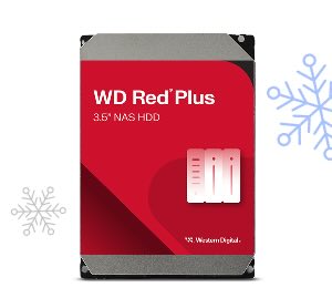 WD Red Plus 3.5 inch NAS HDD with snowflakes, suggesting reliable and cool storage.