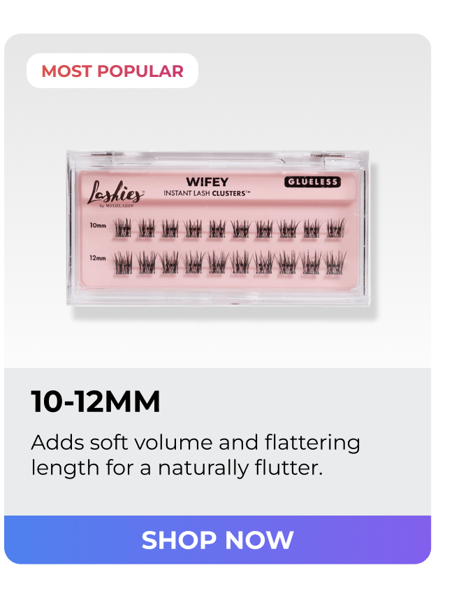 Wifey 10–12mm lash clusters with soft volume and natural wispy length.