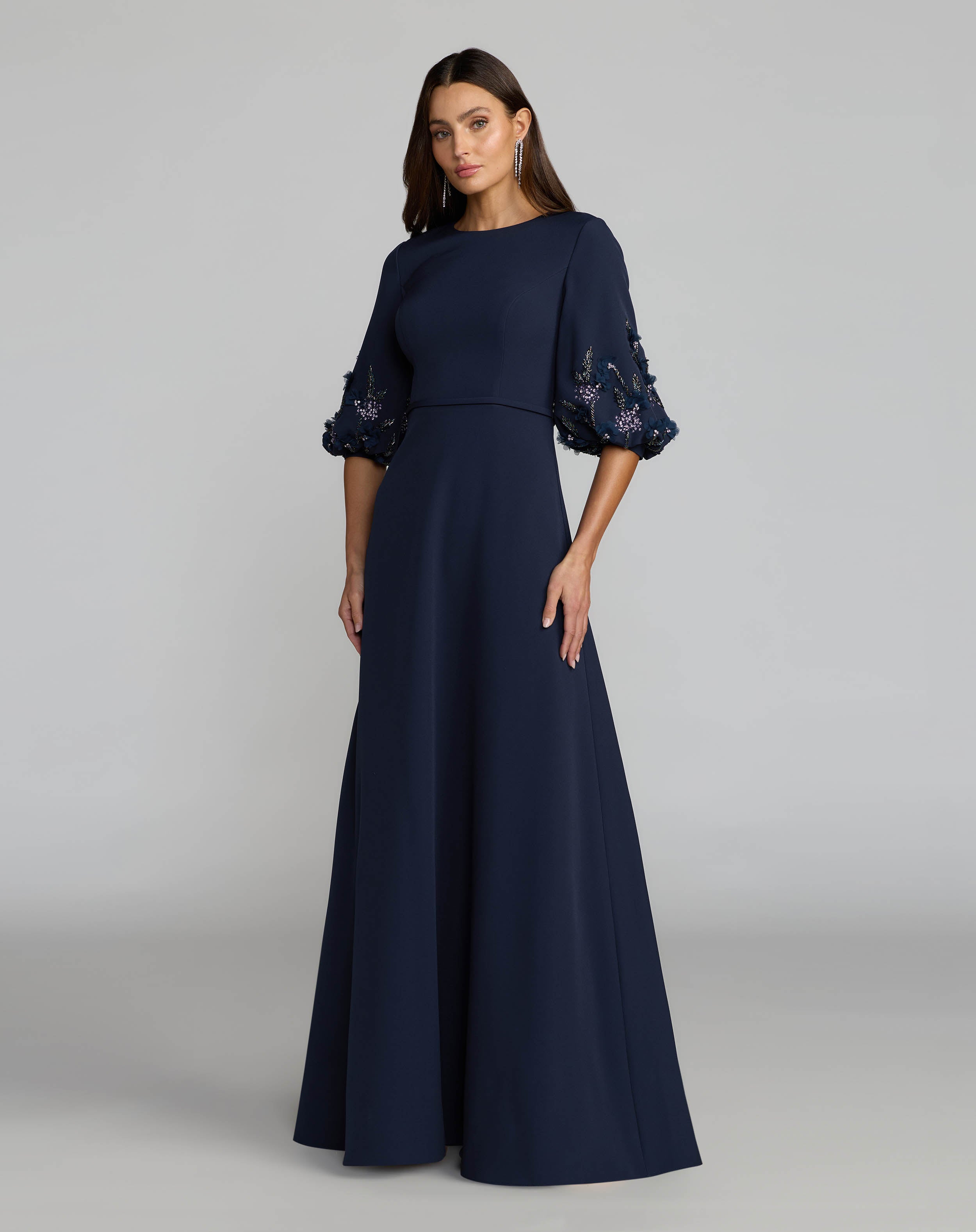 Image of Navy Crepe A Line Gown with Embellished Puff Sleeves