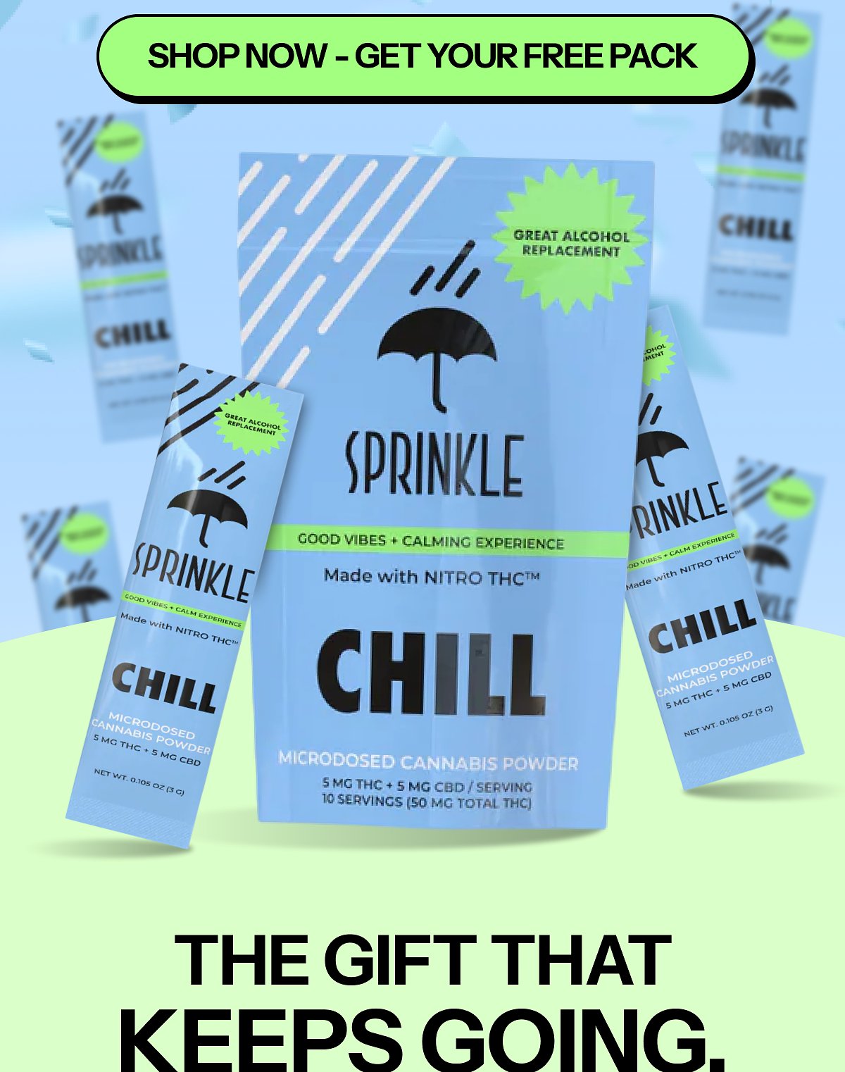 Microdosed cannabis powder pack labeled 'Chill' with umbrella graphic and serving details.