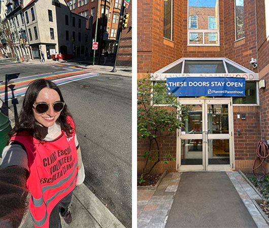 Volunteer taking a selfie in front of a street with a rainbow crosswalk. Second image, a Planned Parenthood door with a banner sign that reads: These doors stay open