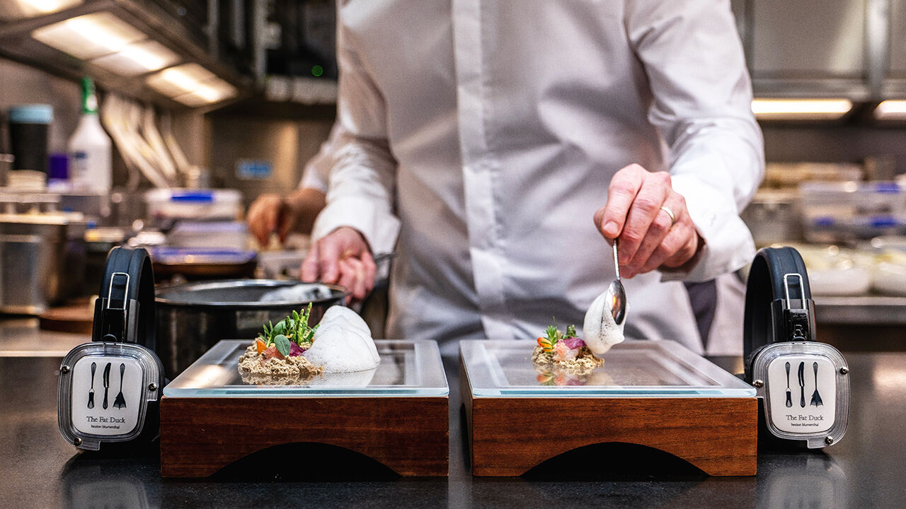 A chef prepares two dishes 'Sound of the Sea', part of The Mindful Experience at The Fat Duck.