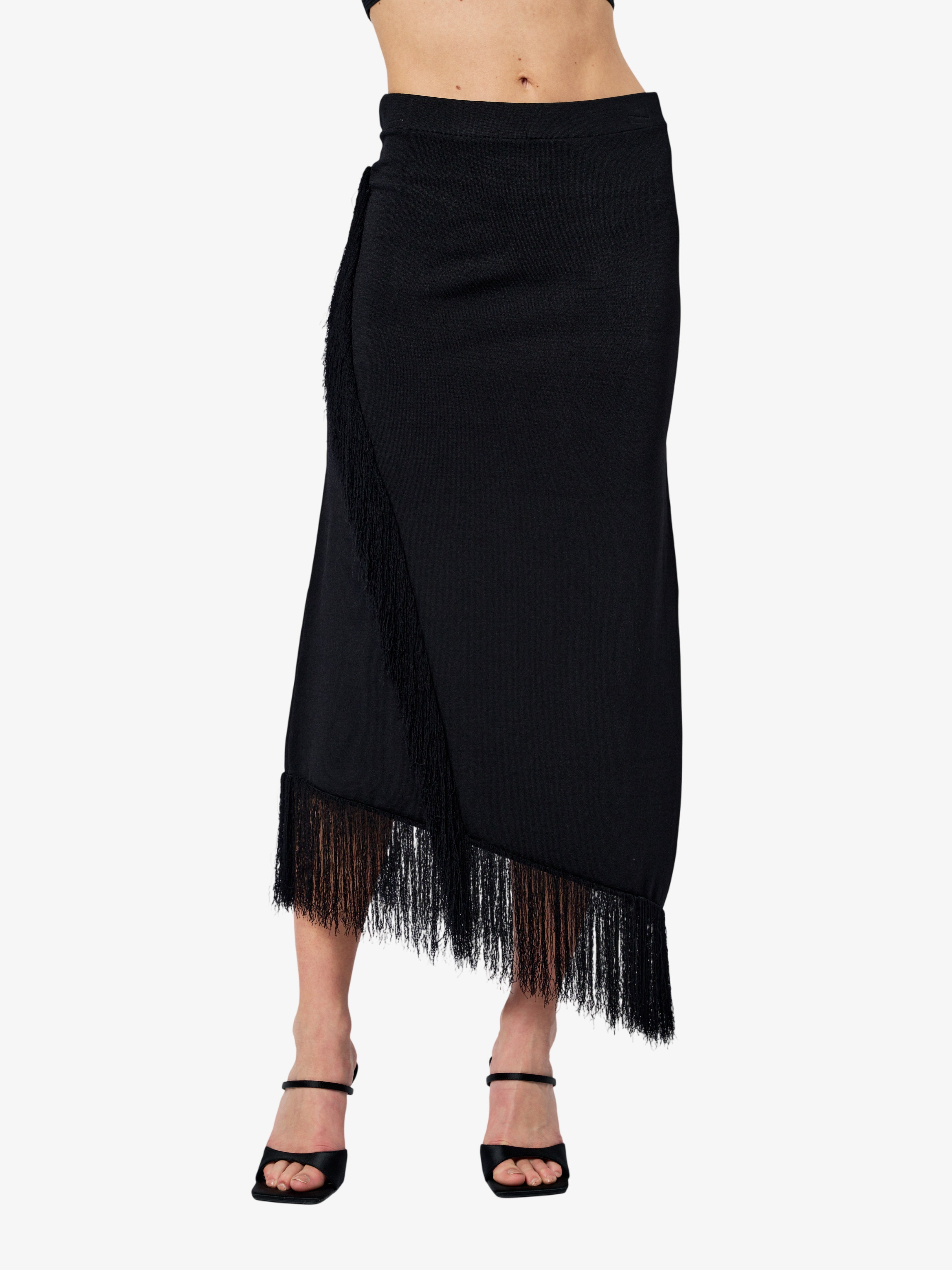 Image of Chole Knit Asymmetric Fringe Skirt
