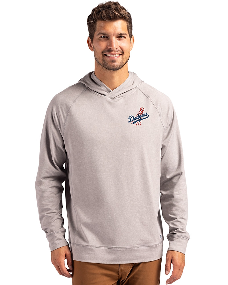 Image of Los Angeles Dodgers Cooperstown Cutter & Buck Adapt Recycled Soft Knit Stretch Mens Heathered Hooded Pullover