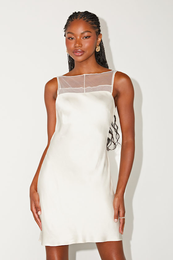 Image of Ilhanna Ivory Satin Boat Neck Shift Mini Dress