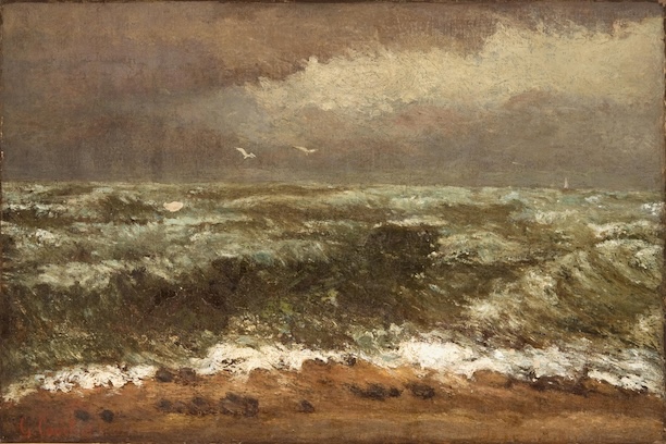 Courbet, Gustave, “Waves.” 1870, oil on canvas. The picture depicts waves crashing on a beachside with storm clouds in the background and two seagulls flying.