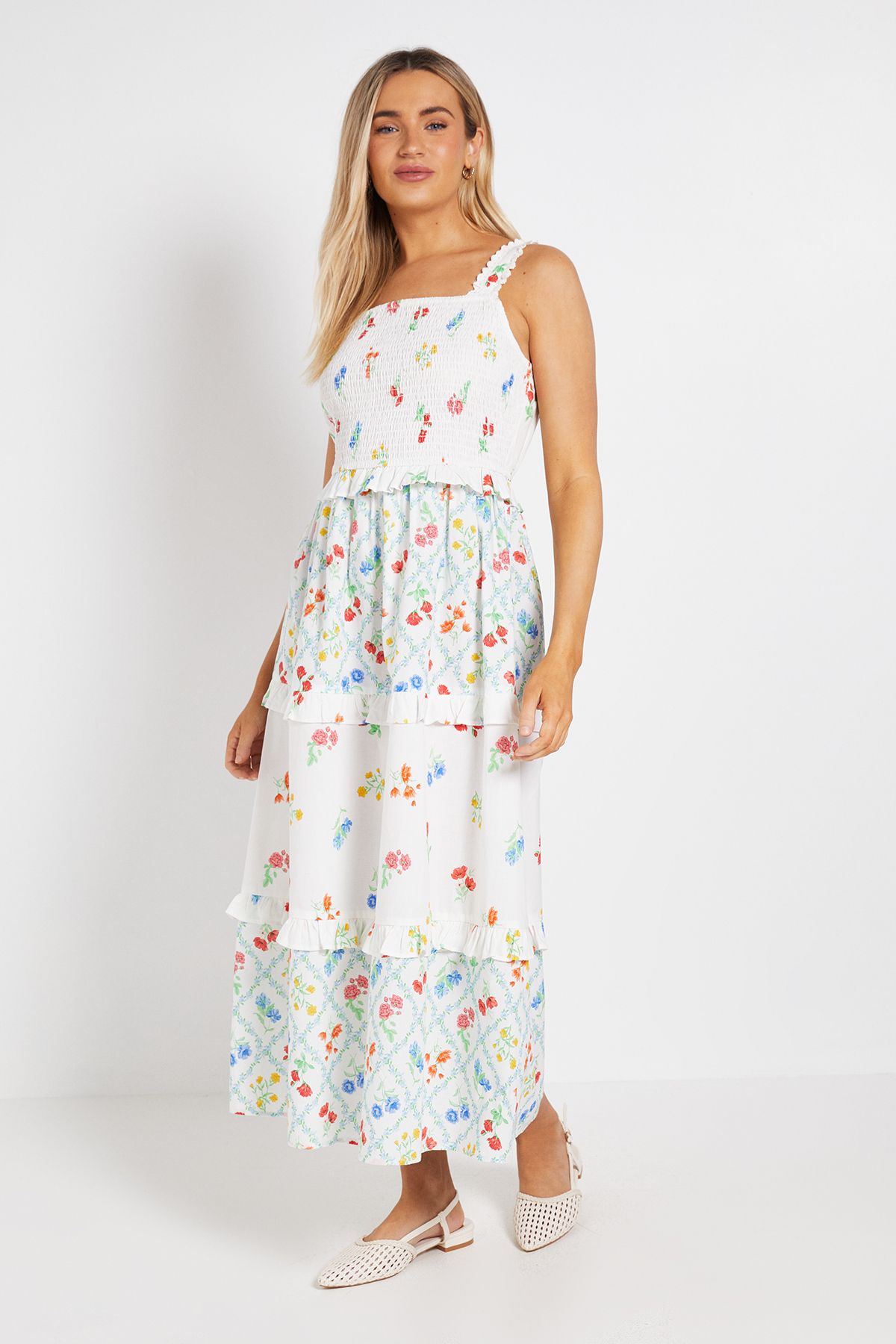 Frill Detail Floral Tiered Printed Poplin Maxi Dress