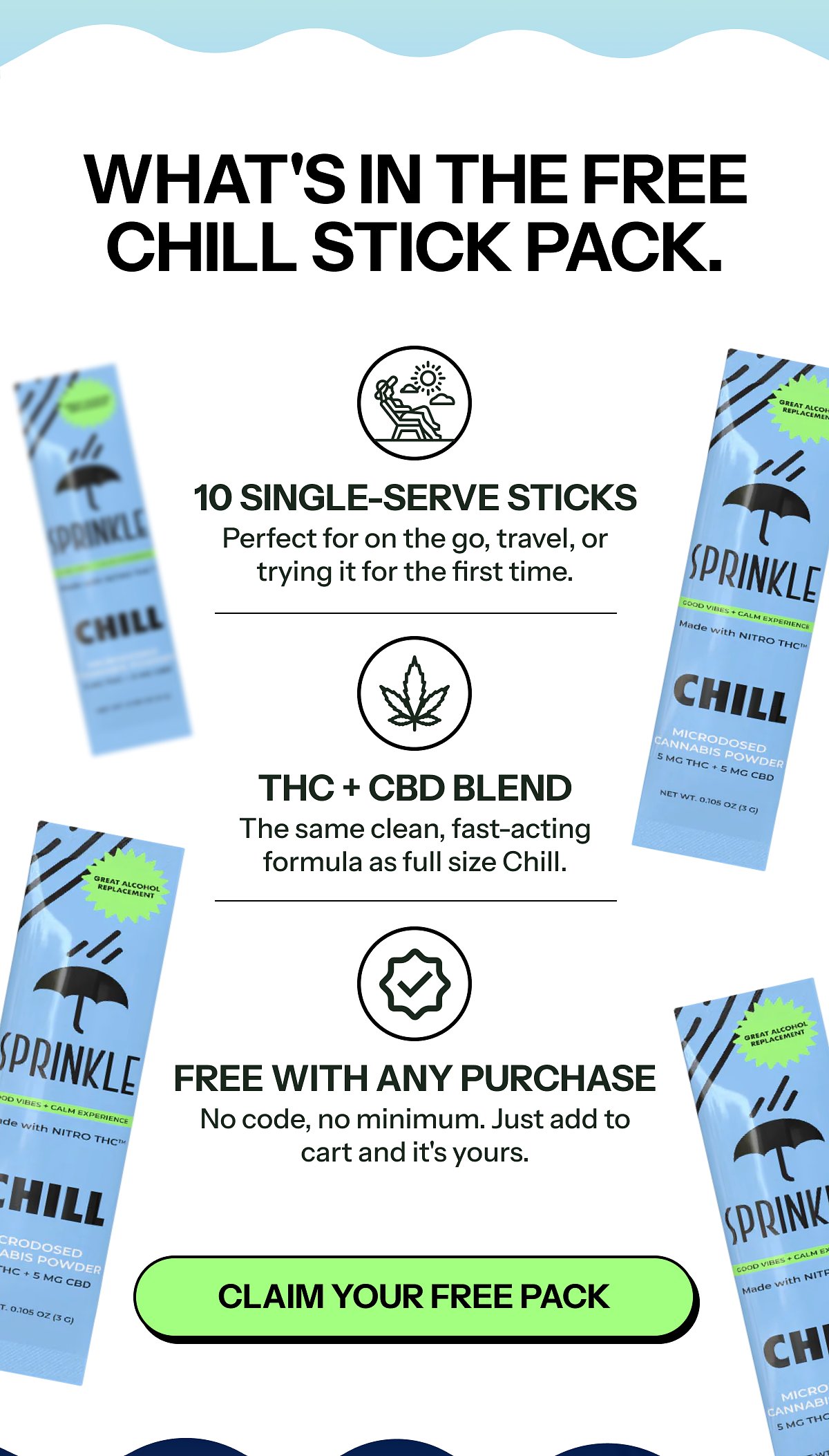What's in the free chill stick pack: 10 single-serve sticks, THC + CBD blend, free with any purchase.