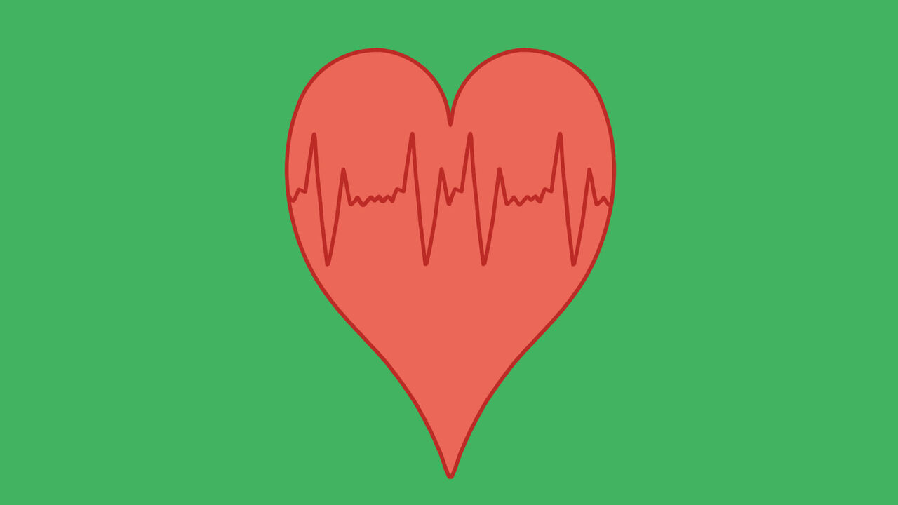 Illustration of a heart with an irregular hearbeat rate, on a green background.
