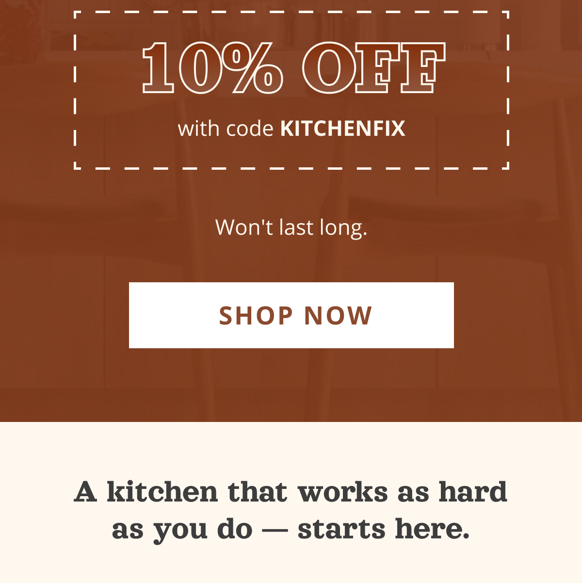 Promotional banner offering 10% off with code KITCHENFIX for the Vertical Spice pull-out spice rack drawer.