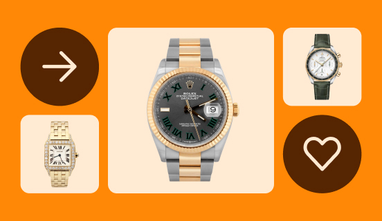 A gold Cartier Panthère de Cartier watch, a Rolex Datejust 41 Wimbledon watch, and an Omega Speedmaster Co-Axial Chronograph 38mm watch sit on cream tiles against an orange background.
